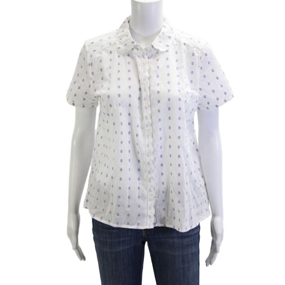 Brora Womens Cotton Floral Collared Button Up Short Sleeve Blouse Size 12